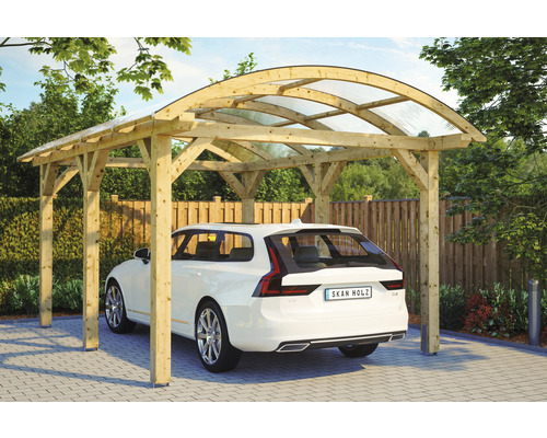 Carport en bois avec toit transparent et voiture garée