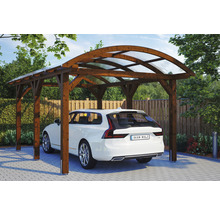 Holzcarport mit transparentem Dach und darunter geparktem Auto