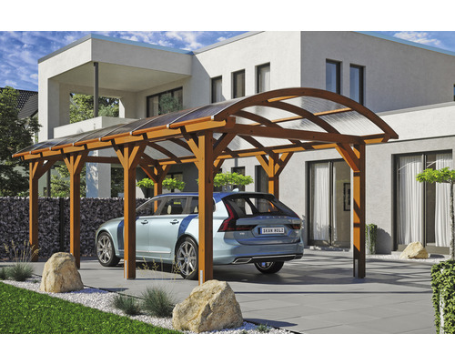 Carport individuel SKAN HOLZ Franken avec ancre de poteau 376 x 755 cm noyer