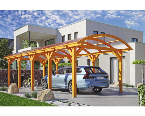 Carport individuel SKAN HOLZ Franken avec ancre de poteau 376 x 969 cm chêne clair Abri de voiture en bois avec voiture et vélo dans la cour