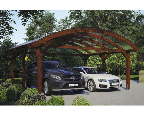 Doppelcarport SKAN HOLZ Franken inkl. Pfostenanker 635 x 541 cm nussbaum Doppelcarport aus Holz mit zwei parkenden Autos
