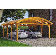 Double abri de voiture en bois avec deux voitures garées