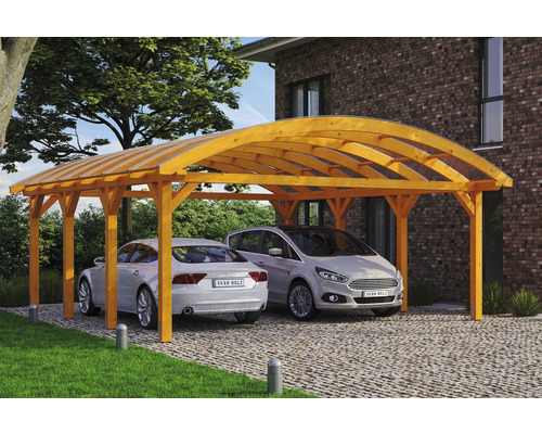 Carport double SKAN HOLZ Franken avec ancre de poteau 635 x 755 cm chêne clair