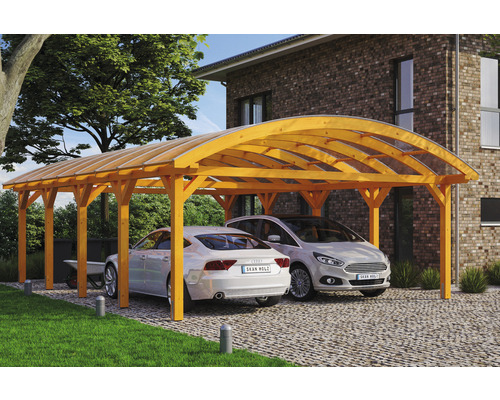 Doppelcarport SKAN HOLZ Franken inkl. Pfostenanker 635 x 969 cm eiche hell Carport aus Holz mit zwei geparkten Autos