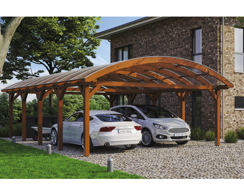 Doppelcarport SKAN HOLZ Franken inkl. Pfostenanker 635 x 969 cm nussbaum Doppelcarport aus Holz mit zwei geparkten Autos
