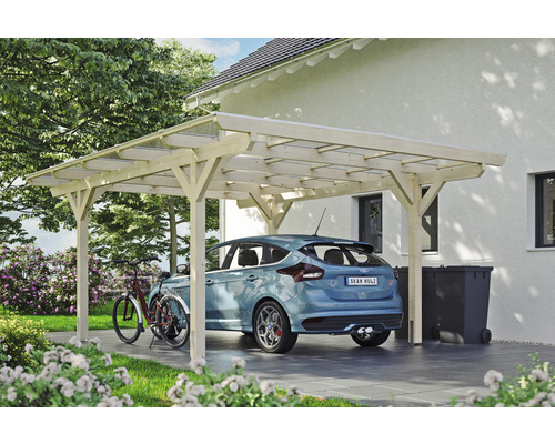 Carport individuel SKAN HOLZ Odenwald avec ancre de poteau 428 x 541 cm naturel Voiture sous un abri de voiture en bois à côté d''une maison et d''un vélo