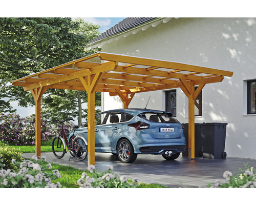 Carport individuel SKAN HOLZ Odenwald avec ancre de poteau 428 x 541 cm chêne clair Carport individuel SKAN HOLZ Odenwald avec ancre de poteau 428 x 541 cm chêne clair