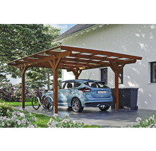 Carport aus Holz mit Auto und Fahrrad