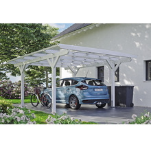 Weisser Holz Carport mit Auto und Fahrrad im Garten.