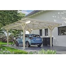 Abri de voiture en bois avec voiture, vélo et poubelles