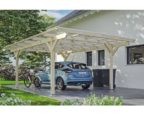 Carport individuel SKAN HOLZ Odenwald avec ancre de poteau 428 x 648 cm naturel Abri de voiture en bois avec voiture, vélo et poubelles