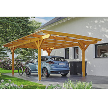 Carport aus Holz mit Auto und Fahrrad