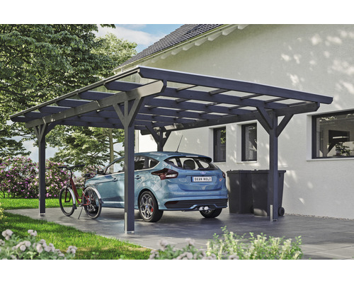 Carport individuel SKAN HOLZ Odenwald avec ancre de poteau 428 x 648 cm ardoise Aire de stationnement couverte avec voiture et vélo