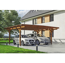 Carport aus Holz mit zwei parkenden Autos vor einem Haus