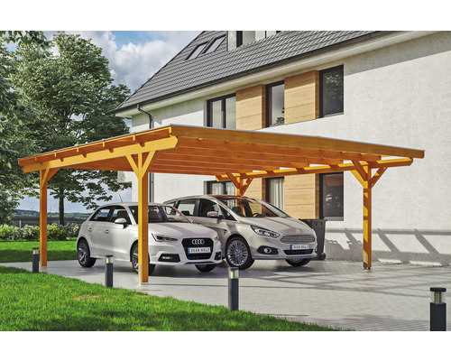 Carport double SKAN HOLZ Odenwald avec ancre de poteau 640 x 648 cm chêne clair Double carport en bois avec deux voitures garées devant une maison