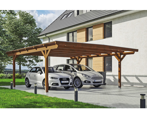 Carport double SKAN HOLZ Odenwald avec ancre de poteau 640 x 648 cm noyer Double abri de voiture en bois avec deux voitures garées devant une maison