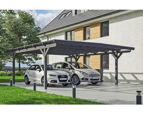 Carport double SKAN HOLZ Odenwald avec ancre de poteau 640 x 648 cm ardoise Double abri de voiture en bois avec deux voitures devant