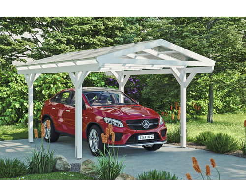 Carport individuel SKAN HOLZ Westerwald avec ancre de poteau 362 x 541 cm blanc Carport en bois blanc avec voiture dans le jardin.
