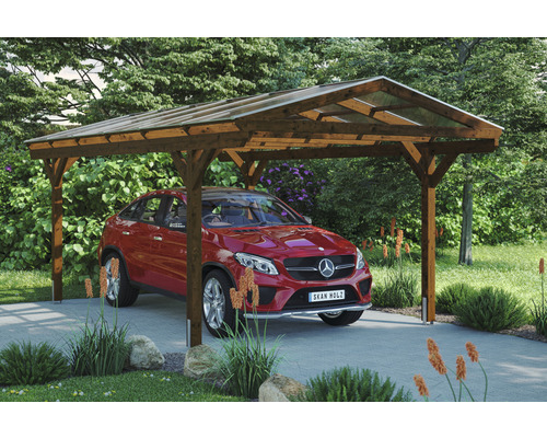 Carport individuel SKAN HOLZ Westerwald avec ancre de poteau 362 x 648 cm noyer Abri de voiture en bois avec une voiture en dessous dans le jardin.