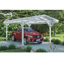 Auto unter einem weissen Holzcarport mit transparentem Dach