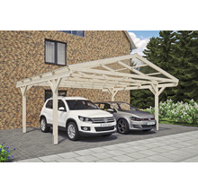 Doppelcarport aus Holz mit zwei geparkten Autos