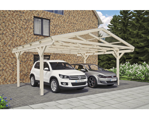 Carport double SKAN HOLZ Westerwald avec ancre de poteau 570 x 541 cm naturel Double abri de voiture en bois avec deux voitures garées