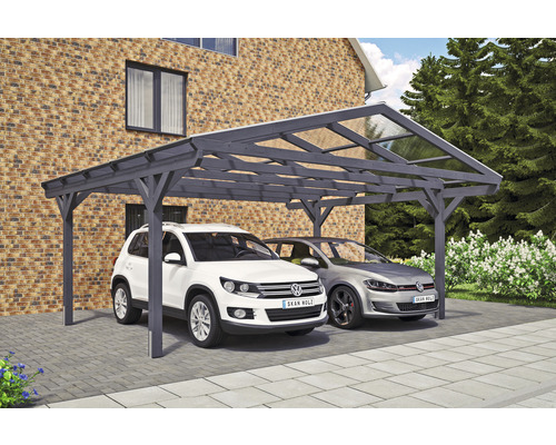 Carport double SKAN HOLZ Westerwald avec ancre de poteau 570 x 541 cm ardoise Double abri de voiture en bois avec deux voitures garées