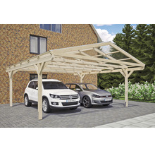 Doppelcarport aus Holz mit zwei parkenden Autos