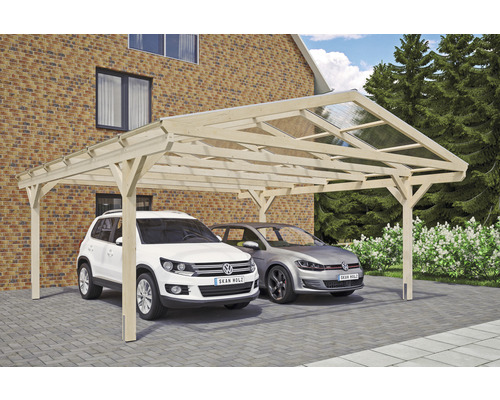 Carport double SKAN HOLZ Westerwald avec ancre de poteau 570 x 648 cm naturel Double carport en bois avec deux voitures garées