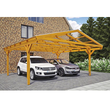 Doppelcarport aus Holz mit zwei parkenden Autos
