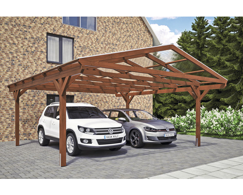 Doppelcarport aus Holz mit zwei parkenden Autos