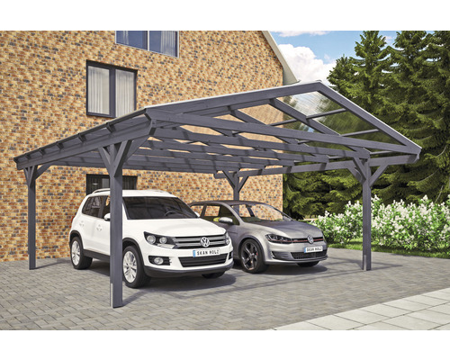 Carport double SKAN HOLZ Westerwald avec ancre de poteau 570 x 648 cm ardoise Abri double en bois avec deux voitures garées