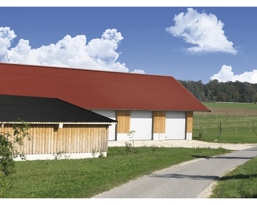 Bâtiment avec toit en tôle ondulée rouge et bâtiment avec toit en tôle ondulée noire