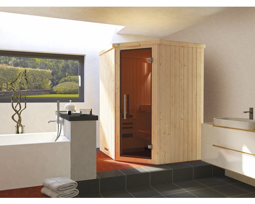 Sauna modulaire Weka Kiruna GT taille 1 avec poêle 3,6 kW et commande intégrée, avec porte entièrement vitrée couleur graphite