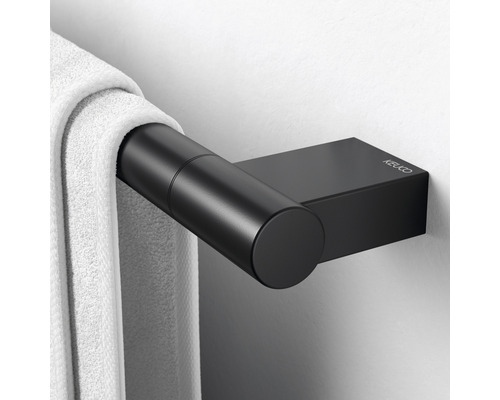 Porte-serviettes noir avec serviette et logo Keuco