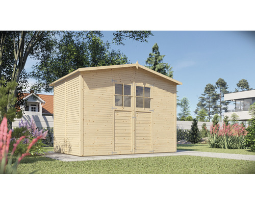 Abri de jardin Bertilo Fineline profilé en forme de losange 322 x 209 cm naturel Abri de jardin en bois avec double porte et fenêtres