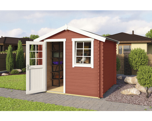 Gartenhaus Outdoor Life Wels 2 inkl. Fussboden 263,7 x 250 cm schwedischrot Holzgartenhaus mit geöffneter Tür und Fenster für die Gartenaufbewahrung