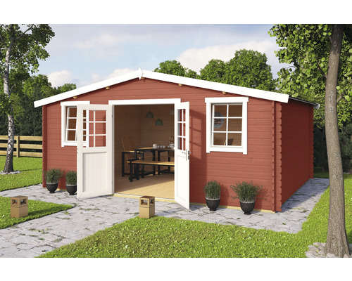 Gartenhaus Outdoor Life Wels 5 inkl. Fussboden 548,8 x 420 cm schwedischrot Holzgartenhaus mit Doppeltür, Fenster und Gartengestaltung