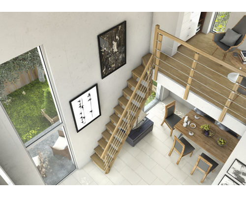 Appartement lumineux et moderne avec escalier en bois, table à manger et décorations