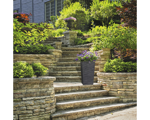 Pot de fleurs décoratif avec des fleurs sur un escalier en pierre dans un jardin.