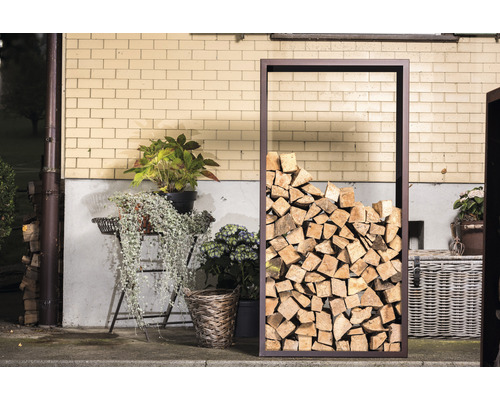 Aide décorative à l''empilage du bois en métal avec du bois de chauffage empilé à côté des plantes