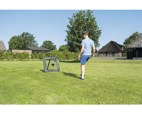 Une personne joue au football avec un but de football dans le jardin.