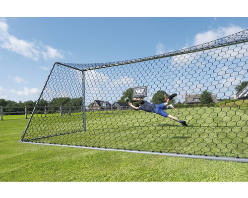 But de football avec une personne attrapant le ballon à l''extérieur