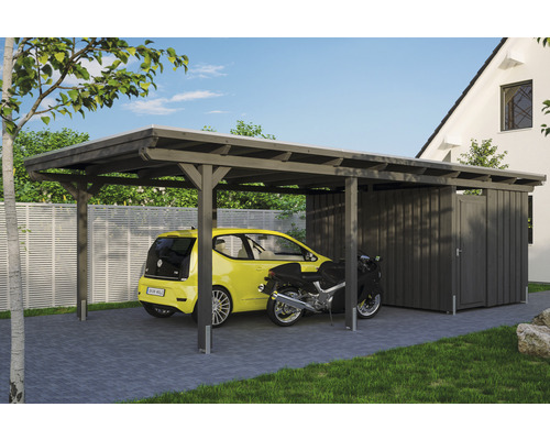 Carport individuel SKAN HOLZ Emsland avec espace de rangement, ancre de poteau 404 x 846 cm ardoise