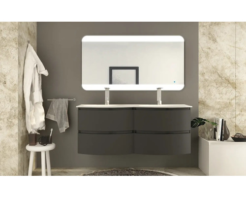 Salle de bains moderne avec double vasque, meuble sous-lavabo et miroir lumineux