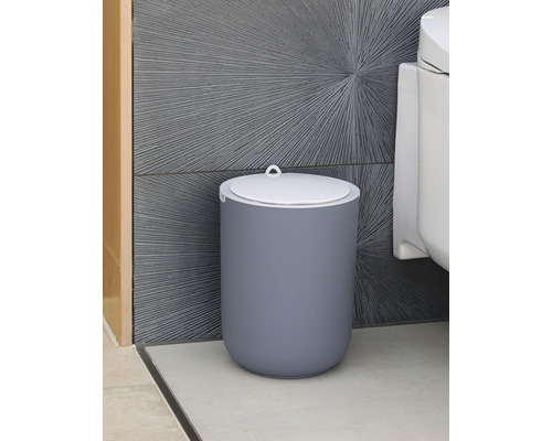 Poubelle cosmétique grise avec couvercle dans la salle de bain