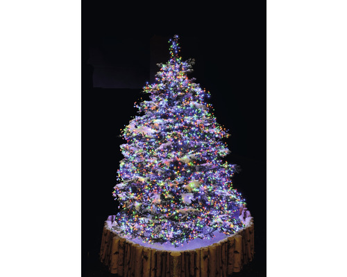 Sapin de Noël décoré avec des lumières multicolores et un support en tronc d''arbre