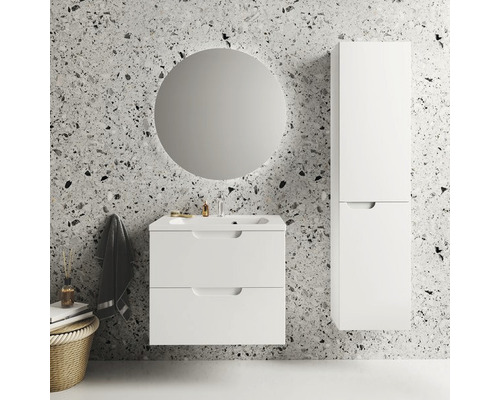 Modernes Badezimmer mit Waschbeckenunterschrank, Spiegelschrank und rundem Spiegel