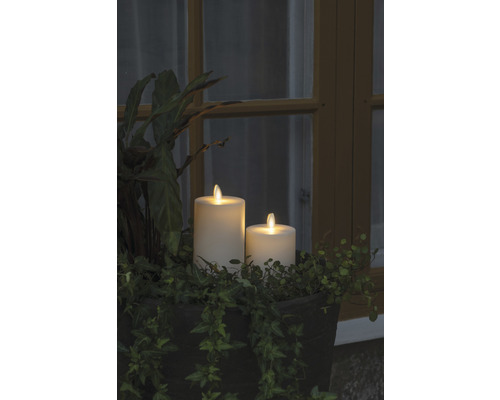 Deux bougies LED en cire véritable dans une jardinière avec des plantes vertes