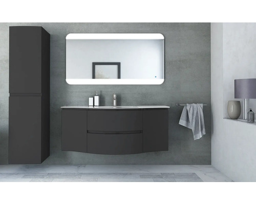 Salle de bain moderne avec meuble sous-vasque, armoire de toilette et armoire haute pour une ambiance élégante